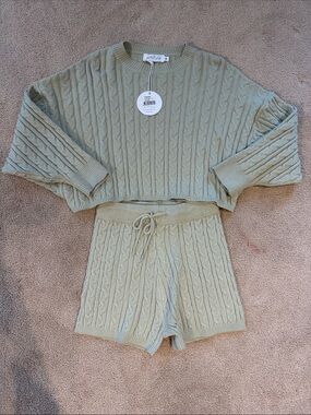 Petal & Pup Sage Green Cable Knit Cropped Sweater Set